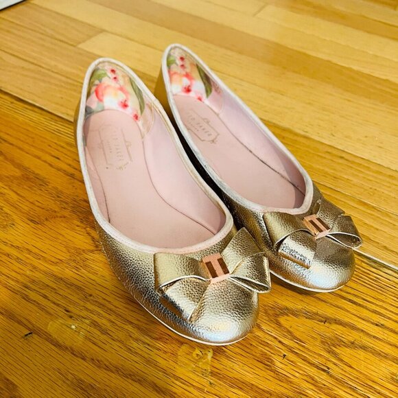 TED BAKER LONDON SATIN W/GOLD BOW BALLET FLATS WOMEN SHOES US 7.5/EU 38 - Picture 4 of 16